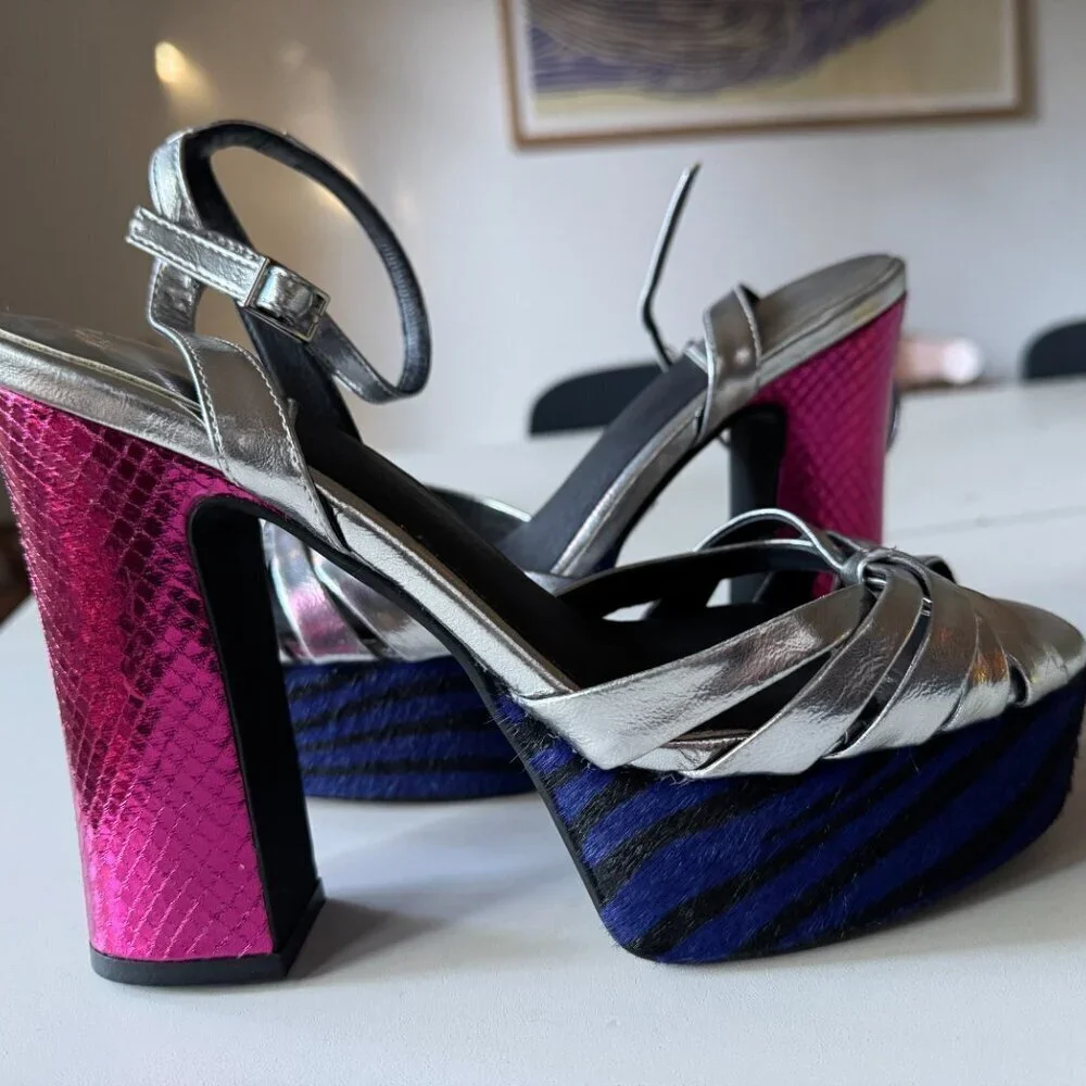 Jeffrey Campbell Rockin' Out Ankle Strap Platform Sandal Blue Zebra Calf Hair